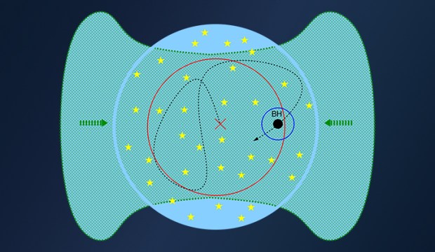 This graphic shows the center of a newly formed star cluster (stars are in yellow), within which the seed black hole gets its super boost of gas (shown in blue). (Credit: Natarajan, Alexander, Yale)