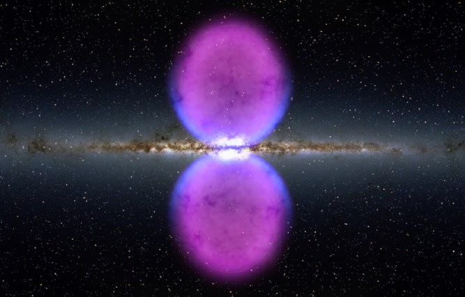 This artist's representation shows the Fermi bubbles towering above and below the galaxy. Credit: NASA's Goddard Space Flight Center. (Credit: NASA)