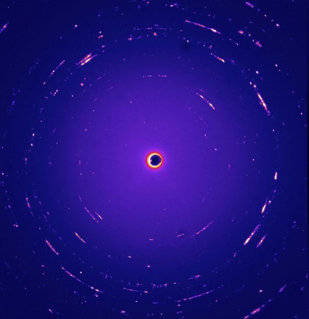 A team of researchers has identified seven dust particles that were returned to Earth in 2006 by NASA’s Stardust spacecraft, which might have originated in the interstellar medium. This false-color image shows a diffraction pattern created by one of these particles, named Orion. Image (Credit: Zack Gainsforth)