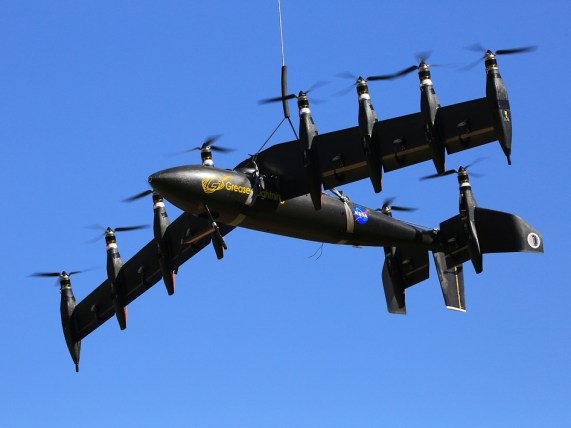 Greased Lighning (GL10) project 10 engine electric prototype remote control plane. Photo taken 8/14/14 (Credit: NASA Langley/David C. Bowman)