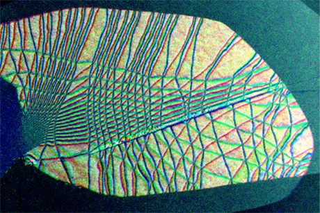 Three dark field-transmission electron microscopy images of bilayer graphene are overlaid with colors to show diffraction angles. The lines are soliton boundaries. (Credit: Muller lab)