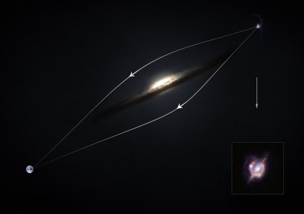 This diagram shows how the effect of gravitational lensing around a normal galaxy focuses the light coming from a very distant star-forming galaxy merger to created a distorted, but brighter view. (Credit: ESA/ESO/M. Kornmesser)