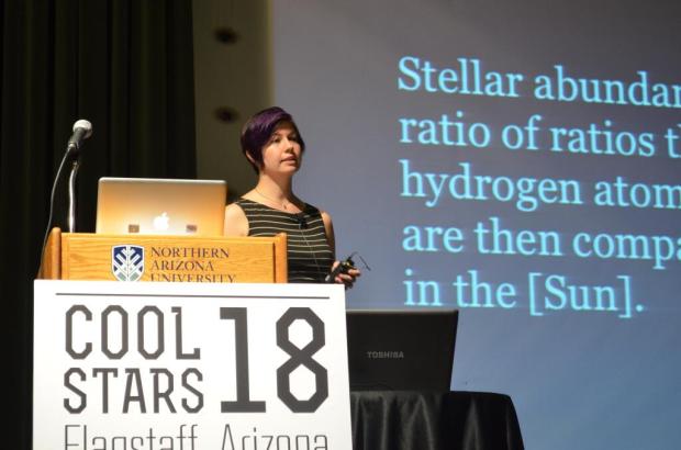 Natalie Hinkel gives a plenary talk at the Cool Stars 18 meeting in Flagstaff, Arizona, about her paper on the Hypatia Catalog. (Credit: Natalie Hinkel)