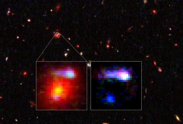 In this image from the Hubble Space Telescope, a giant elliptical galaxy 9.6 billion light-years away appears as a red patch. The bluish dot and tadpole-shaped smear are the distorted and magnified shapes of a more distant spiral galaxy 10.7 billion light-years away. (Credit: NASA, ESA, K.-V. Tran (Texas A&M University), and K. Wong) 