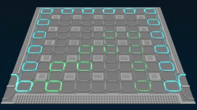 Light enters a two-dimensional ring-resonator array from the lower left and exits at the lower right.  Light that follows the edge of the array (blue) does not suffer energy loss and exits after a consistent amount of delay. Light travels into the interior of the array (green) suffers energy loss. (Credit: Sean Kelley/JQI)