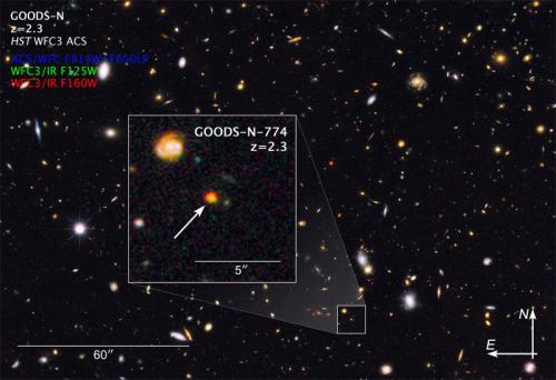 This image shows observations of a newly discovered galaxy core dubbed GOODS-N-774, taken by the NASA/ESA Hubble Space Telescope's Wide Field Camera 3 and Advanced Camera for Surveys. The core is marked by the box inset, overlaid on a section of the Hubble GOODS-N, or GOODS North, field (Great Observatories Origins Deep Survey). (Credit: NASA, ESA) 