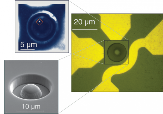 These images show a diamond sample with a hemispherical lens (right and lower left), and the location of a single electron spin/quantum state visible through its light emission (upper left). The scale bar on the image at upper left measures five microns, the approximate diameter of a red blood cell. (Credit: Courtesy of Awschalom Lab/University of Chicago)