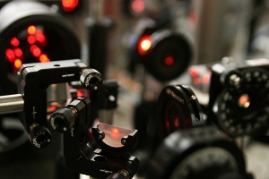 Part of the optical apparatus used to direct pulses of light to control the quantum state of a single electronic spin in diamond. (Credit:  UPenn)