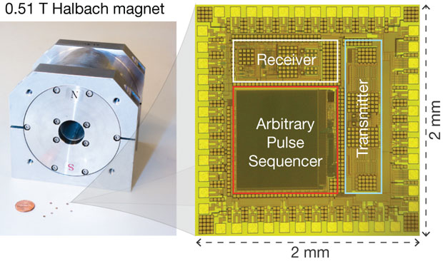 Harvard electrical engineering and applied physics professor Donhee Ham and his colleagues have drastically shrunk the size of the electronics even further, fitting the RF receiver, transmitter and other components on a tiny seed-sized chip. (Credit: Dongwan Ha/Harvard SEAS)