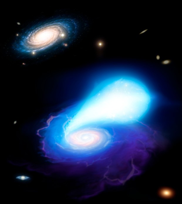 University of Warwick researchers explain mystery of the loneliest supernovas. Compact binary star systems that have been thrown far from their host galaxy when one star of that pair became a neutron star, go through a second trauma when the remaining white dwarf star is eventually pulled onto the neutron star. (Credit: Mark A. Garlick / space-art.co.uk / University of Warwick)