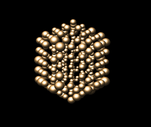 An illustration of the extent to which the atoms, in a small cluster of atoms, vibrate. The spheres represent the range of motion of the atoms, rather than the atoms themselves – the spheres have been exaggerated in size by 45 times in order to ease visualisation. The atoms on the surface have larger ranges of motion than those in the middle of the cluster. (Credit: University of York)
