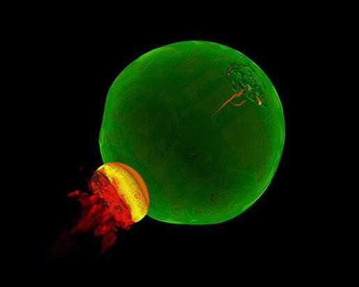 The moment of detonation of a Type 1a supernova is modeled. This situation arises when a white dwarf star has accreted mass from a binary partner to a point when gravitational forces overcome the outward electron degeneracy pressure. The star collapses and it is thought that carbon fusion is initiated in the core, creating a supernova.  (Credit: Argonne National Laboratory)
