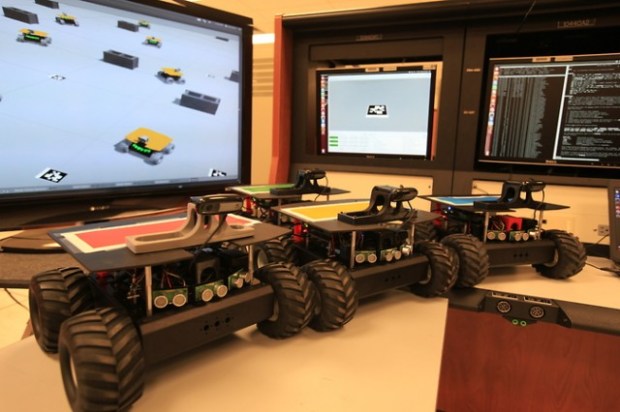 NASA engineers have built four robots nicknamed “Swarmies” to test whether a group of robots can autonomously and effectively scout an area for resources, and they’ve model the software design after how ants do the same thing. (Credit:  NASA/D. Gerondidakis, G. Tickle)