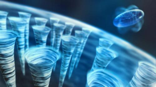 A patterned 3-D grid of tiny whirlpools, called quantum vortices, populate a nanoscale droplet of superfluid helium. Researchers found that in a micron-sized droplet, the density of vortices was 100,000 times greater than in any previous experiment on superfluids. An artistic rendering of a wheel-shaped droplet can be seen in the distance. (Credit: SLAC National Accelerator Laboratory)