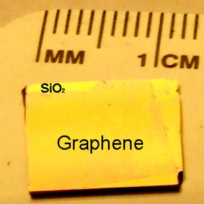 this is a one centimeter by one centimeter graphene film transfer to a silicon wafer with a silicon dioxide top layer. (Credit: Xuesong Li and Weiwei Cai)