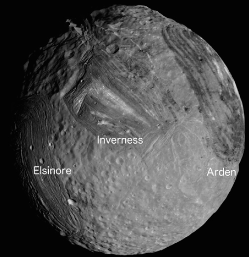 Mosaic of southern hemisphere of Miranda, the innermost regular satellite of Uranus, with radius of 236 km. Projection is orthographic, centered on the south pole. Visible from left to right are Elsinore, Inverness, and Arden coronae. (Credit: NASA/Jet Propulsion Laboratory/Ted Stryk)