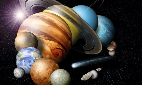 A montage of the planets and some of the moons in our solar system, not to scale. (Credit: NASA/JPL)