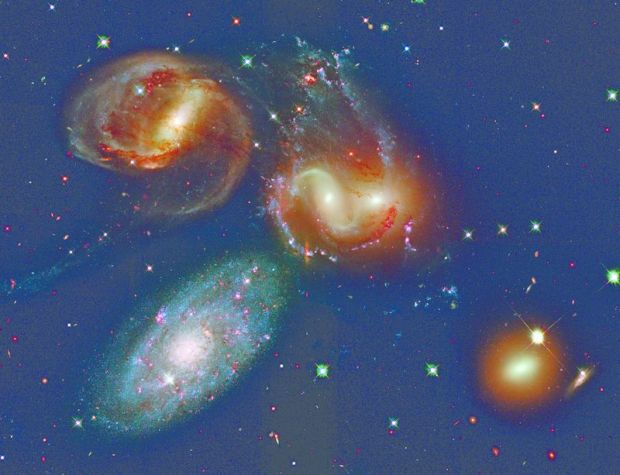 The image at the top of the page shows open star clusters M35 and NGC 2158.  M35, on the upper left, is relatively nearby at 2800 light years distant, relatively young at 150 million years old, and relatively diffuse, with about 2500 stars spread out over a volume 30 light years across. (Credit: http://asterisk.apod.com)