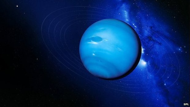 Scientists have found definitive traces of water on a relatively small exoplanet. HAT-P-11b is the size of Neptune and has copious amounts of both water vapor and hydrogen in its atmosphere. (Credit: NASA)