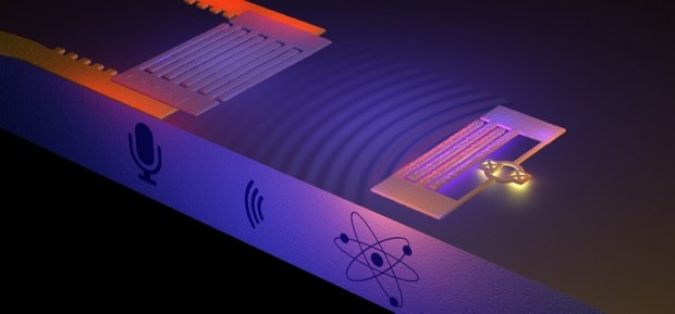 n this illustration, the artificial atom on the right side of the image sends out sound waves that are picked up by the microphone on the left. (Credit: Philip Krantz)