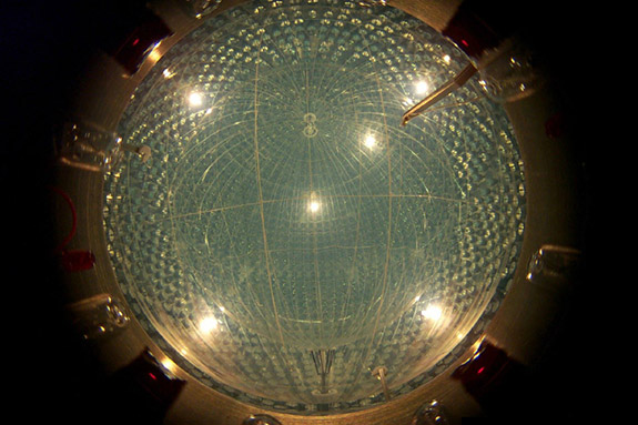 The Borexino collaboration, which announced the detection of an elusive solar neutrino in August, involved several scientific contributions from Princeton over its 25-year history. The detector consists of two massive transparent nylon balloons filled with a petroleum-based liquid called "scintillator," which emits a flash of light when it detects a neutrino. These flashes are picked up by an array of sensors embedded in a stainless steel sphere that surrounds the balloons. (Credit: Borexino collaboration)
