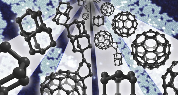 Square, cage-shaped molecules called diamondoids (left) linked to soccer-ball shaped buckyballs (right) create a new molecule called a buckydiamondoid, center, in this illustration. These new hybrid molecules may be useful for developing molecular electronic devices in the future.