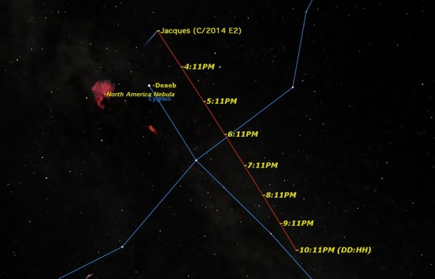 Once every year or two, a comet appears in the sky that is bright enough to be seen with a small telescope or binoculars. Right now, observers anywhere in the Northern Hemisphere can see such a comet. (Credit: Credit: Starry Night Software)