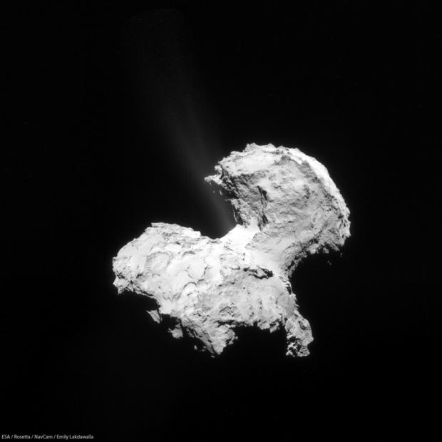 A composite photo of comet 67P/C-G showing gases escaping from the ‘neck’. The first jets of dust were detected spurting from the comet as Rosetta approached it in August but detailed photographs weren’t available until last week. (Credit: Emily Lakdawalla/ESA) 