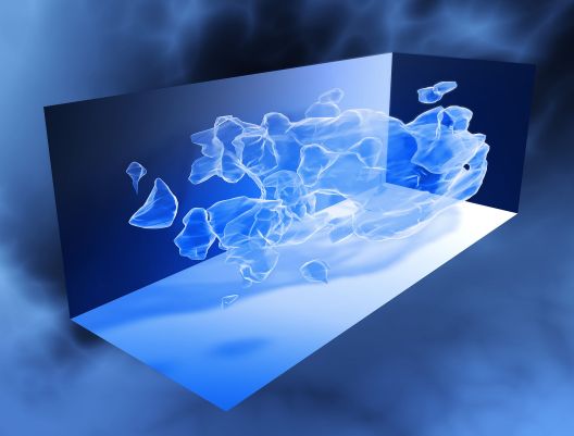 This three-dimensional map offers a first look at the web-like large-scale distribution of dark matter, an invisible form of matter that accounts for most of the Universe's imaginary mass. The map reveals a loose network of dark matter filaments, gradually collapsing under the relentless pull of gravity, and growing clumpier over time. The three axes of the box correspond to sky position (in right ascension and declination), and distance from the Earth increasing from left to right (as measured by cosmological redshift). Note how the clumping of the dark matter becomes more pronounced, moving right to left across the volume map, from the early Universe to the more recent Universe.