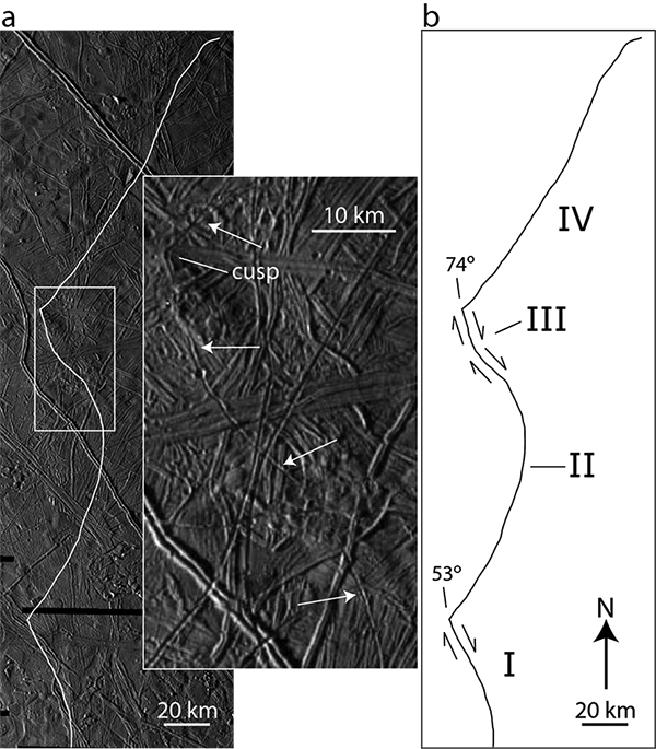 Schematic sketch of the growth mechanics of a cycloid Note that the reversal in curvature of the second segment above cannot be explained by the previous model of cycloid formation. (Credit: Marshall & Kattenhorn (2005))