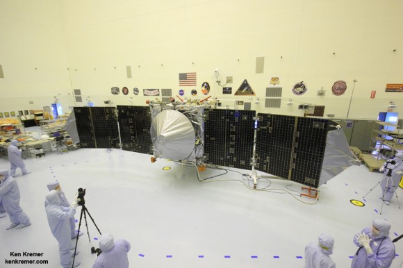 MAVEN is NASA’s next Mars orbiter and launched on Nov. 18, 2014 from Cape Canaveral, Florida. It will study the evolution of the Red Planet’s atmosphere and climate. Universe Today visited MAVEN inside the clean room at the Kennedy Space Center. With solar panels unfurled, this is exactly how MAVEN looks when flying through space and circling Mars and observing Comet Siding Spring. (Credit: Ken Kremer)
