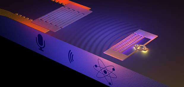 On the right, an artificial atom generates sound waves consisting of ripples on the surface of a solid. The sound, known as a surface acoustic wave (SAW) is picked up on the left by a "microphone" composed of interlaced metal fingers. According to theory, the sound consists of a stream of quantum particles, the weakest whisper physically possible. The illustration is not to scale. (Credit: Philip Krantz, Krantz NanoArt)