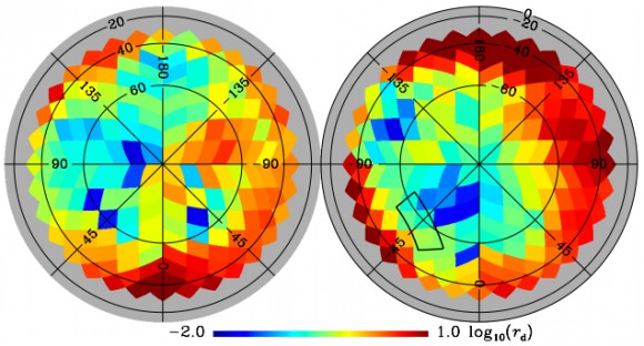 Dust map of the Universe. The region studied by BICEP2 is indicated by the rectangle in the right circle. (Credit: Planck Collaboration)