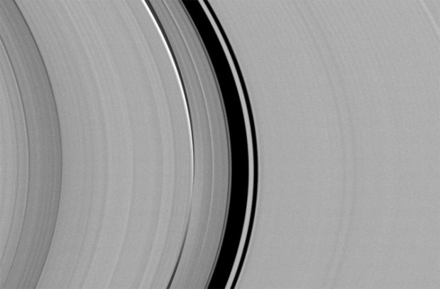 Cassini spied just as many regular, faint clumps in Saturn's narrow F ring (the outermost, thin ring), like those pictured here, as Voyager did. But it saw hardly any of the long, bright clumps that were common in Voyager images. (Credit: NASA/JPL-Caltech/SSI)
