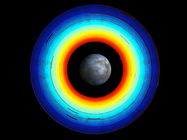 This image illustrates Dawn’s spiral transfer from high altitude mapping orbit (HAMO) to low altitude mapping orbit (LAMO). The trajectory turns from blue to red as time progresses over two months. Red dashed sections are where ion thrusting is stopped so the spacecraft can point its main antenna toward Earth. (Credit: NASA/JPL-Caltech)