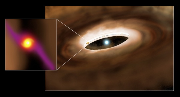 This graphic is an artist’s conception of the young massive star HD100546 and its surrounding disk. (Credit: VP. Marenfeld & NOAO/AURA/NSF)