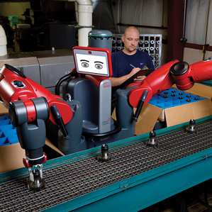 , a collaborative robot from Rethink Robotics, works on a mocked-up assembly line. (Credit: Rethink Robotics)