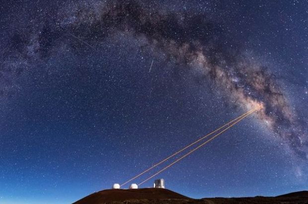 Telescopes at the Keck Observatory use adaptive optics, which enabled UCLA astronomers to discover that G2 is a pair of binary stars that merged together. (Credit:  Ethan Tweedie)