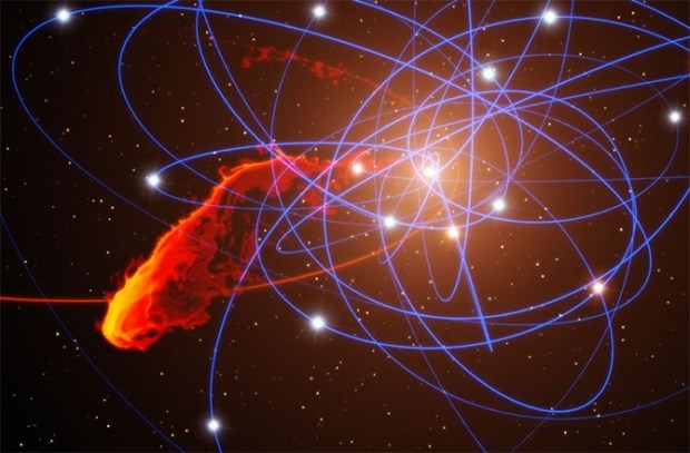 Screenshot of a simulation depicting the G2 black hole encounter... before astronomers realized G2 isn't quite what it seemed. (Credit: LECHO/MPE/M. Schartmann/L. Calçada)