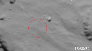 Two images, taken 5 minutes apart, zero in on the spot where Philae touched down — and then bounced away — on the surface of Comet 67P/Churyumov-Gerasimenko. The landing occurred precisely where it should have, but a pair of anchoring harpoons failed to activate. (Credit: ESA / OSIRIS team)