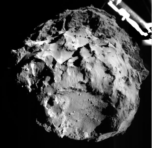 The image shows comet 67P/CG acquired by the ROLIS instrument on the Philae lander during descent on Nov 12, 2014 14:38:41 UT from a distance of approximately 3 km from the surface. The landing site is imaged with a resolution of about 3m per pixel.(Credii: ESA)