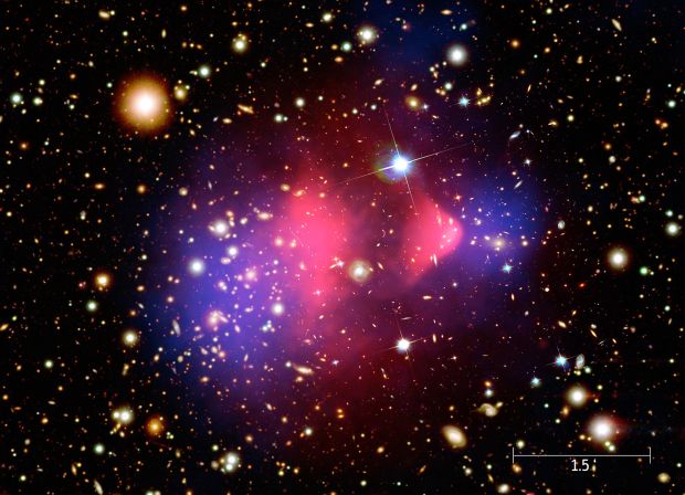 The Bullet Cluster: HST image with overlays. The total projected mass distribution reconstructed from strong and weak gravitational lensing is shown in blue, while the X-ray emitting hot gas observed with Chandra is shown in red. (Credit: Wikipedia)