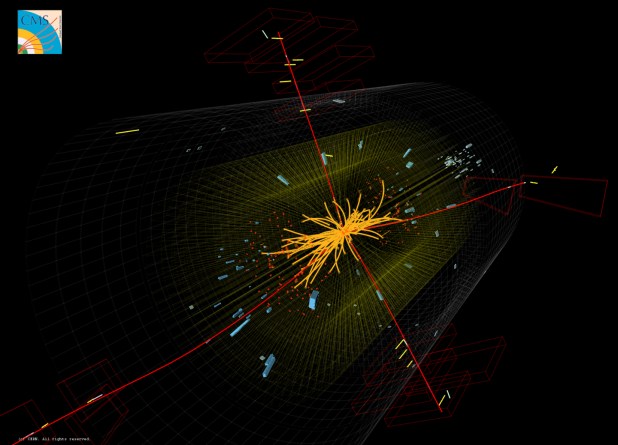 Real CMS proton-proton collision events in which 4 high energy muons (red lines) are observed. The event shows characteristics expected from the decay of a Higgs boson but is also consistent with background Standard Model physics processes. (Credit: CERN, for the benefit of the CMS Collaboration)