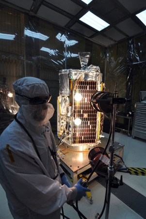 NuSTAR spacecraft will allow astronomers to study the universe in high energy X-rays. Here it undergoes a solar array illumination test. Image tweeted Feb. 3, 2012. (Credit: NASA/NuStar)