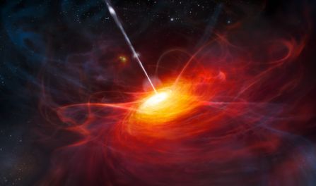 This artist’s impression shows how ULAS J1120+0641, a very distant quasar powered by a black hole with a mass two billion times that of the Sun, may have looked. This quasar is the most distant yet found and is seen as it was just 770 million years after the Big Bang. This object is by far the brightest object yet discovered in the early Universe. (Credit: Wikipedia)