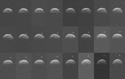 Collage of radar images of asteroid 2004 BL86 made by the Green Bank Telescope from radar transmitted from NASA's Goldstone Deep Space Network antenna. (Credit: NASA/JPL-Caltech; NRAO/AUI/NSF)