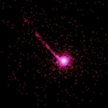 The Chandra X-ray image is of the quasar PKS 1127-145, a highly luminous source of X-rays and visible light about 10 billion light years from Earth. An enormous X-ray jet extends at least a million light years from the quasar. Image is 60 arcsec on a side. RA 11h 30m 7.10s Dec -14° 49' 27" in Crater. Observation date: May 28, 2000. Instrument: ACIS.