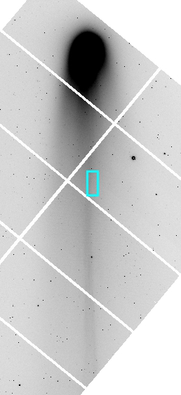 A 2-second I-band exposure of the comet. The cyan rectangle shows the region in the right panel. Credit: the National Astronomical Observatory of Japan. Images processed by M. Yagi. 
