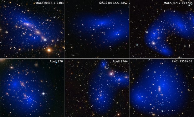 This collage shows images of six different galaxy clusters taken with NASA's Hubble Space Telescope. The clusters were observed in a study of how dark matter in clusters of galaxies behaves when the clusters collide. Seventy-two large cluster collisions were studied in total. Using visible-light images from Hubble, the team was able to map the post-collision distribution of stars and also of the dark matter (colored in blue), which was traced through its gravitational lensing effects on background light. The team determined that dark matter interacts with itself less than previously thought. The clusters shown here are, from left to right and top to bottom: MACS J0416.1-2403, MACS J0152.5-2852, MACS J0717.5+3745, Abell 370, Abell 2744, and ZwCl 1358+62. Image Type: Astronomical/Annotated Credit: NASA, ESA, D. Harvey (École Polytechnique Fédérale de Lausanne, Switzerland; University of Edinburgh, UK), R. Massey (Durham University, UK), T. Kitching (University College London, UK), and A. Taylor and E. Tittley (University of Edinburgh, UK) 