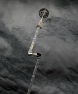 Figure 1: Artist view looking from the spacecraft down at the extended arm, and the sampling device during the descent to the surface.